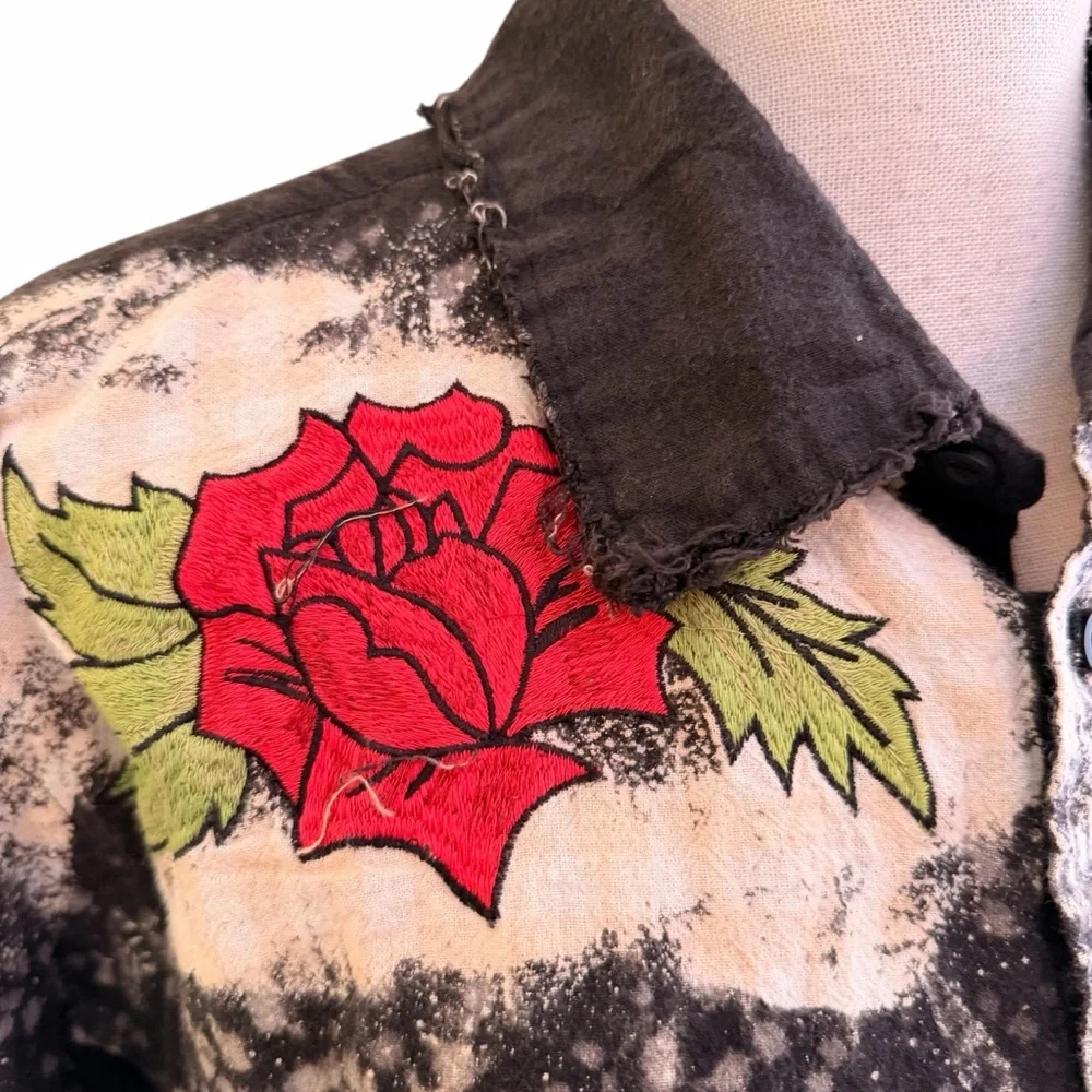 A Rare Bird "Smell the Roses" Distressed Black Flannel Shirt Rose Embroidery - Picture 4 of 12